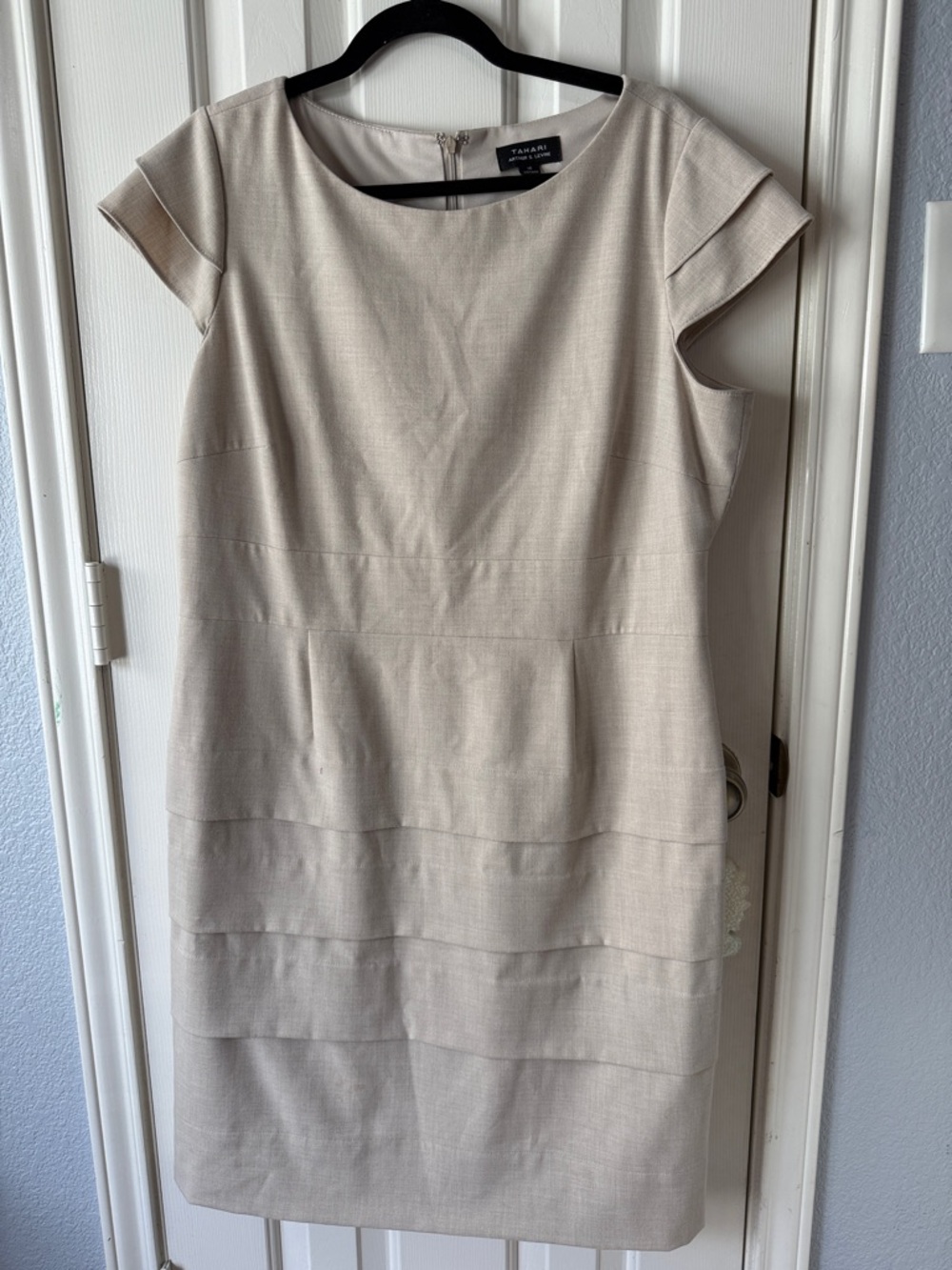 Tahari ASL Beige Tiered Cap-Sleeve Sheath Dress
